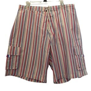 Cremieux Men’s Striped Cargo Swim Shorts XL Elastic Waist Drawstring